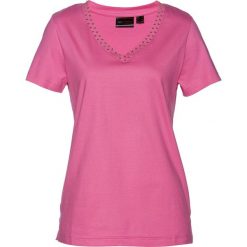 Shirt ze sztrasami bonprix różowy. Różowe koszulki damskie bonprix, bez wzorów, bez kołnierzyka. Za 44,99 zł.