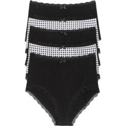 Figi z wysoką talią (5 par) bonprix czarno-biały w kratę. Czarne majtki damskie marki bonprix, w koronkowe wzory, z koronki. Za 69,95 zł.