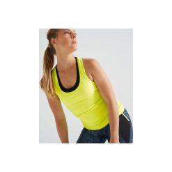 Top fitness kardio damski 100 żółty. Żółte topy damskie DOMYOS, bez wzorów, z elastanu, bez kołnierzyka. Za 16,99 zł.