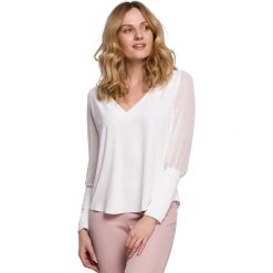 Bluzka szyfonowa - ecru. Bluzki damskie Makover, s, bez wzorów, z elastanu, eleganckie, bez kołnierzyka, z długim rękawem. Za 149,00 zł.