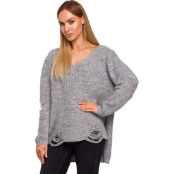 Popielaty Nowoczesny Sweter Oversize z Efektem Damage. Szare swetry damskie Molly.pl, s, bez wzorów, z jeansu, z długim rękawem, długie, bez kaptura. Za 139,90 zł.