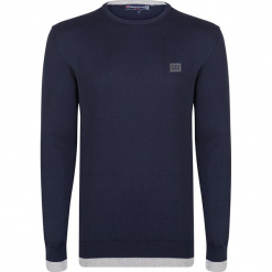 Sweter w kolorze granatowym. Niebieskie swetry klasyczne męskie Giorgio di Mare, m, z aplikacjami, z bawełny, z okrągłym kołnierzem. W wyprzedaży za 152,95 zł.