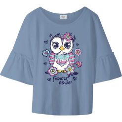 Shirt z falbanami w rękawach bonprix matowy lila z nadrukiem. Fioletowe bluzki dziewczęce bonprix, z nadrukiem, z bawełny, z okrągłym kołnierzem, bez rękawów, bez kaptura. Za 29,99 zł.