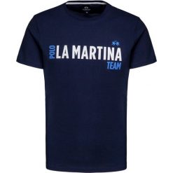 T-shirt LA MARTINA. Niebieskie t-shirty męskie La Martina, z nadrukiem, z bawełny, klasyczne, z klasycznym kołnierzykiem, krótkie. Za 220,00 zł.