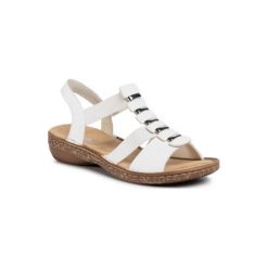 RIEKER 62850-80 Biały. Białe sandały damskie Rieker, bez wzorów, ze skóry ekologicznej, bez obcasa, bez zapięcia. Za 229,99 zł.