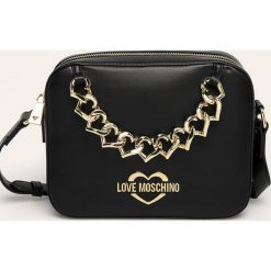 Love Moschino - Torebka. Czarne listonoszki damskie Love Moschino, w paski, ze skóry ekologicznej, na ramię, małe, z aplikacjami. W wyprzedaży za 559,90 zł.