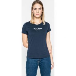 Pepe Jeans - Top New Virginia. Niebieskie bluzki damskie Pepe Jeans, s, z nadrukiem, z elastanu, z okrągłym kołnierzem. W wyprzedaży za 69,90 zł.