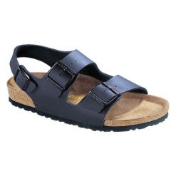 Sandały w kolorze niebieskim. Szare sandały damskie Birkenstock, z materiału, z otwartym noskiem, ze sprzączką. W wyprzedaży za 179,95 zł.