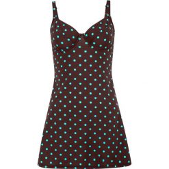 Długi top tankini na fiszbinach, szybko schnący bonprix brązowo-turkusowy w kropki. Pomarańczowe stroje kąpielowe damskie bonprix, bez wzorów, bez kołnierzyka. Za 89,99 zł.