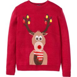 Sweter z bożonarodzeniowym motywem bonprix ciemnoczerwony. Czerwone swetry męskie bonprix, s, z okrągłym kołnierzem. Za 74,99 zł.