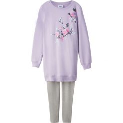 Bluza + legginsy (2 części) bonprix fiołkowy bez - jasnoszary melanż z nadrukiem. Fioletowe bluzy dziewczęce bonprix, z nadrukiem, eleganckie. Za 44,99 zł.