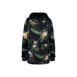 Damska bluza z golfem, czarna bluza w kwiaty i liście z dużym kapturem. Czarne bluzy damskie marki ekoszale, z bawełny, klasyczne. Za 155,00 zł.