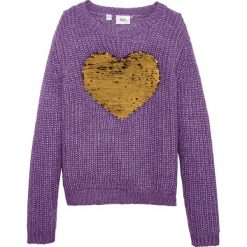 Sweter dzianinowy z odwracanymi cekinami bonprix ultrafioletowy. Fioletowe swetry dziewczęce marki bonprix, z aplikacjami, z dzianiny, z okrągłym kołnierzem, bez rękawów, długie, bez kaptura. Za 37,99 zł.