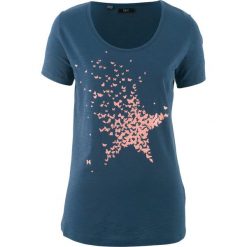 Shirt z przędzy mieszankowej, krótki rękaw bonprix ciemnoniebieski z nadrukiem. Niebieskie koszulki damskie bonprix, z nadrukiem, bez kołnierzyka, z krótkim rękawem. Za 34,99 zł.