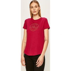 Lauren Ralph Lauren - T-shirt. Czerwone bluzki damskie Lauren Ralph Lauren, m, z aplikacjami, z bawełny, casualowe, z okrągłym kołnierzem. W wyprzedaży za 179,90 zł.