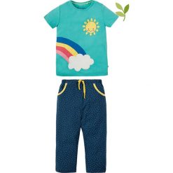 Piżama "Petal" w kolorze turkusowo-granatowym. Niebieskie piżamy niemowlęce Frugi, z aplikacjami, z bawełny. W wyprzedaży za 82,95 zł.