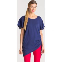 Granatowy t-shirt maxi My Twin z ozdobnym ściągaczem. Niebieskie t-shirty damskie Twinset, s, z aplikacjami, z bawełny, z okrągłym kołnierzem. Za 151,60 zł.
