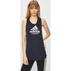 Adidas Performance - Top. Niebieskie topy damskie adidas Performance, s, z nadrukiem, z poliesteru, bez rękawów, climalite (adidas). W wyprzedaży za 79,90 zł.