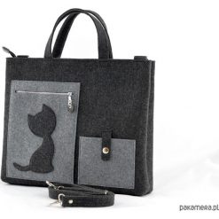 Shopper bag damskie: Duża Grafitowa Torebka – Laptopówka z Kotem