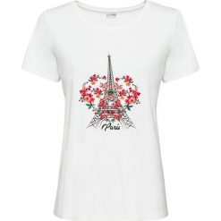 Shirt z haftem bonprix biel wełny. Białe koszulki damskie bonprix, z nadrukiem, z wełny, bez kołnierzyka. Za 64,99 zł.