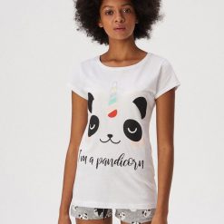 Piżama z pandą - Biały. Białe piżamy damskie Sinsay, xl, bez wzorów, bez rękawów. W wyprzedaży za 29,99 zł.