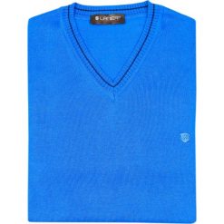 Niebieski sweter męski SLIM w szpic SW30. Niebieskie swetry męskie Lanieri Fashion - swetry męskie, m, bez wzorów, z bawełny, casualowe, z dekoltem w serek, bez kaptura. Za 117,00 zł.