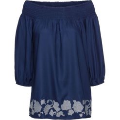 Bluzka "carmen" z haftem bonprix kobaltowy. Niebieskie bluzki damskie marki bonprix, z haftami, z kołnierzem typu carmen. Za 79,99 zł.