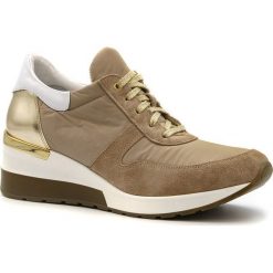 Sportowe pudrowo różowe sneakersy typu chunky ze złotą wstawką w podeszwie 278A. Różowe buty sportowe damskie Neścior, bez wzorów, z materiału, eleganckie. W wyprzedaży za 249,00 zł.