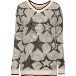 Sweter dzianinowy bonprix kremowo-czarny wzorzysty. Szare swetry klasyczne damskie marki Reserved, l, z dekoltem w serek. Za 89,99 zł.