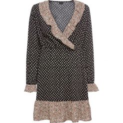Sukienka z falbanami bonprix czarno-beżowy w kwiaty. Czarne sukienki damskie bonprix, na lato, w kwiaty, bez kołnierzyka, z długim rękawem, długie. Za 64,99 zł.