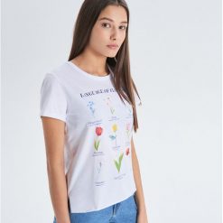 Koszulka z kwiatowym nadrukiem - Biały. Białe koszulki damskie Cropp, xl, z nadrukiem, bez kołnierzyka, bez rękawów. W wyprzedaży za 14,99 zł.