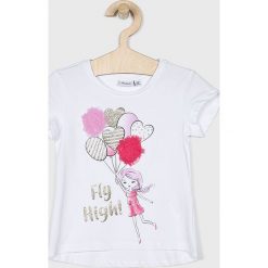 Blukids - Top dziecięcy 98-134 cm. Białe bluzki dziewczęce Blukids, z nadrukiem, z elastanu, z okrągłym kołnierzem, z krótkim rękawem, krótkie, bez kaptura. W wyprzedaży za 39,90 zł.