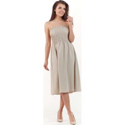 Beżowa Rozkloszowana Midi Sukienka z Gorsetową Górą z Gumkami. Brązowe sukienki dziewczęce marki Molly.pl, bez wzorów, eleganckie, bez rękawów, midi, rozkloszowane. Za 128,90 zł.