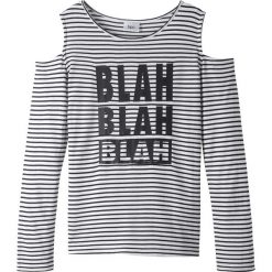 Shirt dziewczęcy z wycięciami na ramionach bonprix biało-czarny w paski. Białe bluzki dziewczęce bonprix, w paski, z wiskozy, bez kołnierzyka, z długim rękawem, długie, bez kaptura. Za 37,99 zł.