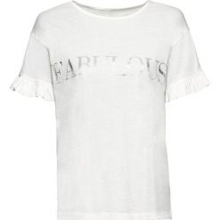 Shirt z nadrukiem bonprix biel wełny. Białe koszulki damskie bonprix, z nadrukiem, z wełny, z okrągłym kołnierzem. Za 44,99 zł.