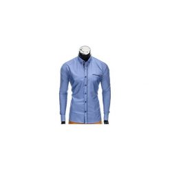 KOSZULA MĘSKA Z DŁUGIM RĘKAWEM K322 - NIEBIESKA. Brązowe koszule męskie na spinki marki Ombre Clothing, m, z aplikacjami, z kontrastowym kołnierzykiem, z długim rękawem. Za 59,00 zł.