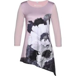 Długi shirt bonprix matowy jasnoróżowy - biało-szary. Fioletowe koszulki damskie bonprix, z nadrukiem, z asymetrycznym kołnierzem, z długim rękawem. Za 109,99 zł.