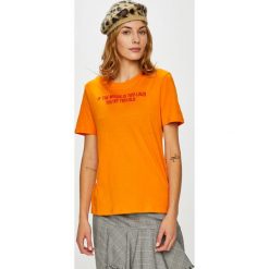 Only - Top Ava. Pomarańczowe topy damskie marki ONLY, s, z nadrukiem, z bawełny, z okrągłym kołnierzem. W wyprzedaży za 29,90 zł.