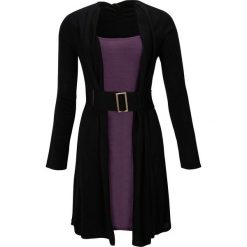 Sukienka dzianinowa z paskiem bonprix czarny-lila. Czarne sukienki damskie bonprix, bez wzorów, z dzianiny, eleganckie, z podwójnym kołnierzykiem, bez rękawów. Za 89,99 zł.