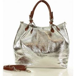 Skórzana torebka shopper MAZZINI - LINDA srebrny z brązem. Szare kuferki damskie marki MAZZINI, w paski, ze skóry, do ręki. Za 269,00 zł.