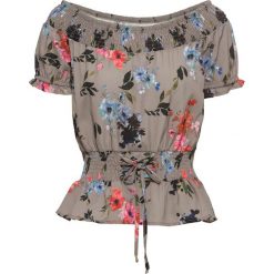 Bluzka z dekoltem carmen bonprix brunatny w kwiaty. Pomarańczowe bluzki damskie bonprix, w kwiaty, bez kołnierzyka, z krótkim rękawem. Za 44,99 zł.