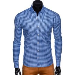 KOSZULA MĘSKA W KRATĘ Z DŁUGIM RĘKAWEM K448 - BŁĘKITNA. Niebieskie koszule męskie Ombre Clothing, s, bez wzorów, z bawełny, bez kołnierzyka, z długim rękawem. Za 29,00 zł.
