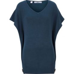 Sweter z dzianiny o splocie drobnych oczek, z ozdobnymi guzikami bonprix ciemnoniebieski. Niebieskie swetry damskie bonprix, bez wzorów, z dzianiny, bez rękawów, bez kaptura. Za 74,99 zł.