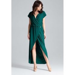 Sukienka kopertowa maxi zielona. Zielone sukienki damskie e-margeritka.pl, bez wzorów, z elastanu, eleganckie, z długim rękawem, długie, bez kaptura. Za 199,99 zł.