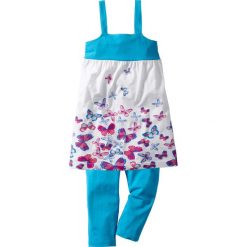 Sukienka + legginsy 3/4 (2 części) bonprix turkusowy w motylki. Niebieskie legginsy dziewczęce bonprix, na ramiączkach. Za 27,99 zł.