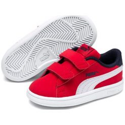 Puma Smash v2 Buck V Ps High Risk Red-White-Peacoat 35. Czerwone buty dziewczęce sportowe Puma, w paski, z paskami. Za 151,00 zł.