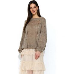 Cappuccino Luźny Sweter z Ażurowym Wzorem. Swetry damskie Molly.pl, uniwersalny, bez wzorów, z jeansu, eleganckie, z długim rękawem, długie, bez kaptura. Za 129,90 zł.