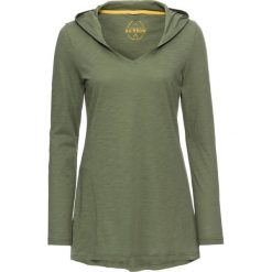 Długi shirt z kapturem bonprix oliwkowy. Zielone koszulki damskie bonprix, bez wzorów, z kapturem, z długim rękawem. Za 49,99 zł.
