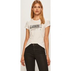 Armani Exchange - T-shirt. Białe bluzki damskie Armani Exchange, s, z nadrukiem, z elastanu, casualowe, z okrągłym kołnierzem. Za 199,90 zł.