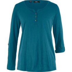 Shirt z przędzy mieszankowej, długi rękaw bonprix niebieskozielony morski. Zielone tuniki damskie bonprix, bez wzorów, bez kołnierzyka, z długim rękawem. Za 44,99 zł.